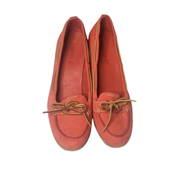 Timberland Coral Red Leather Wedge Heel Boat Shoes Size 6.5M - Picture 2 of 11